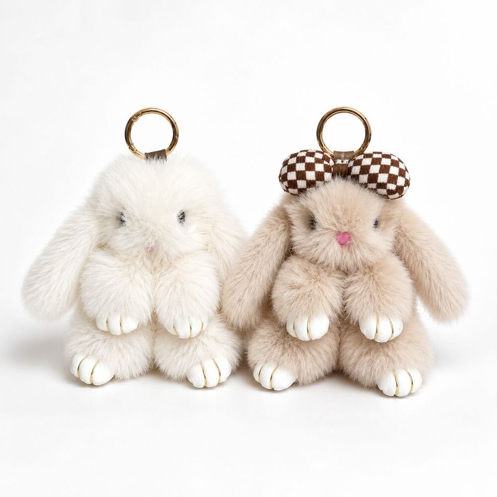 Two Plush Bunnies cream, light brown color. Bag keychain women, schoolers gift